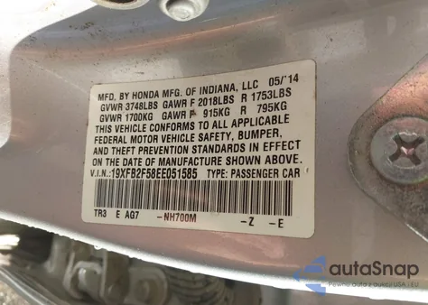 2014 Honda Civic Lx from USA, damaged, VIN 19XFB2F58EE051585